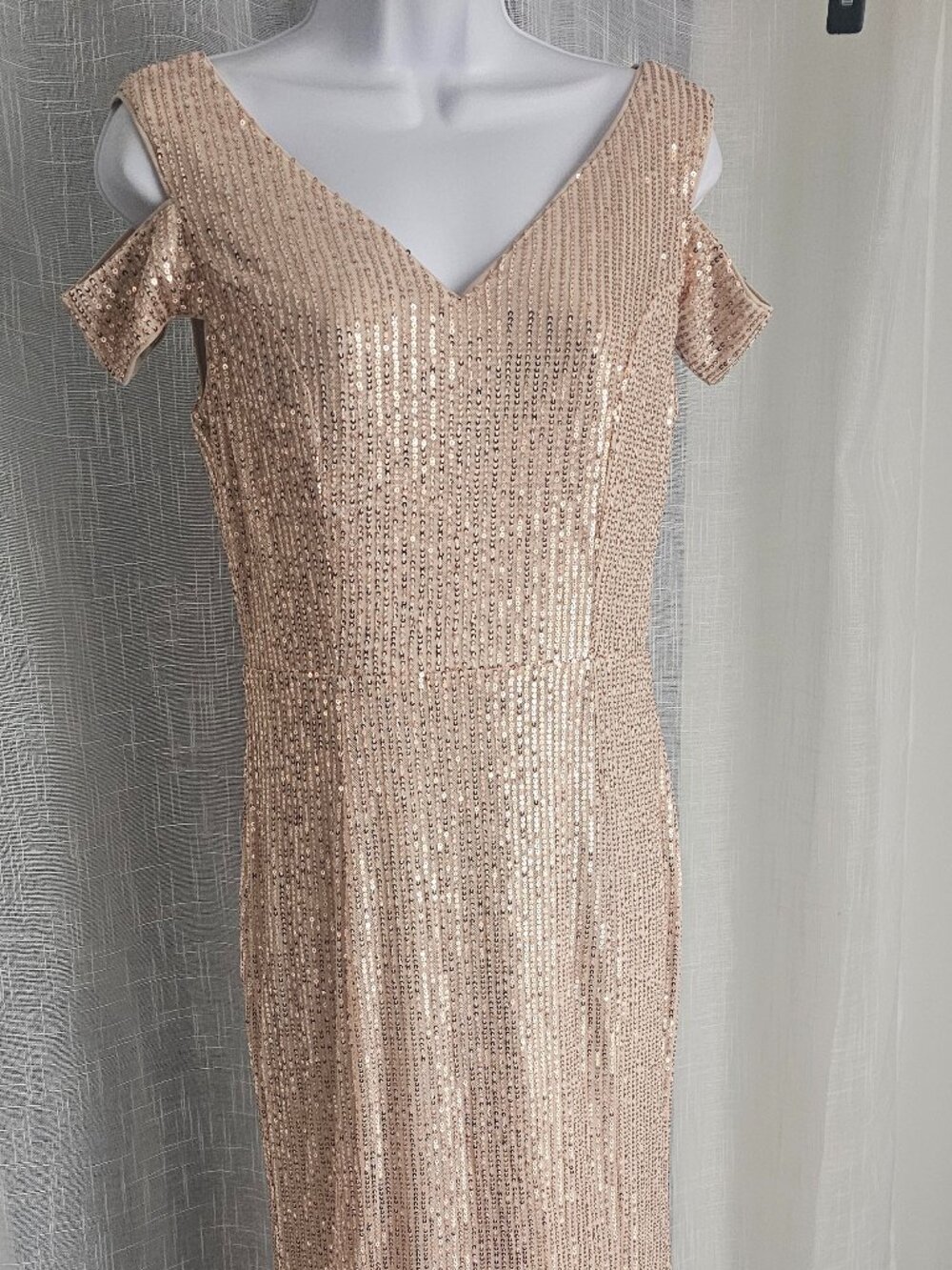 Wome Elegant Sequin Party Cold Shoulder Maxi Dresses Champagne Gold Size M NEW
